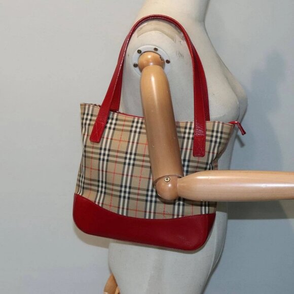 BURBERRY Nova Check Hand Bag Canvas Leather Beige Gold Red Auth 90271 - Picture 3 of 16